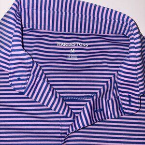 Harlestons Polo Shirt Mens Medium Blue Striped Short Sleeve Casual Stretch Golf